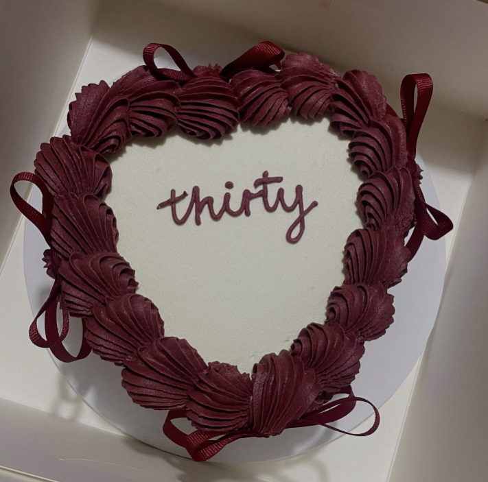 Deep burgundy heart cake with 'thirty' lettering, Adelaide, Honey Love Cakes