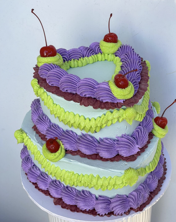 Two-tier heart cake in purple, lime and mint, Adelaide, Honey Love Cakes
