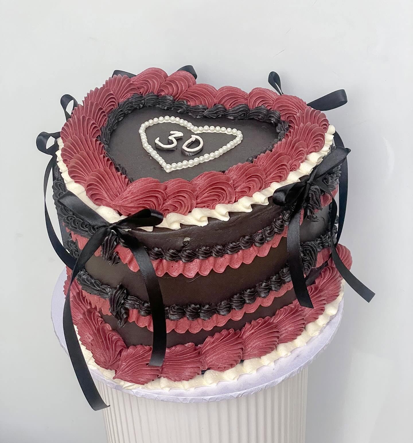Burgundy and chocolate 30th heart cake with pearls and black bows, Adelaide, Honey Love Cakes
