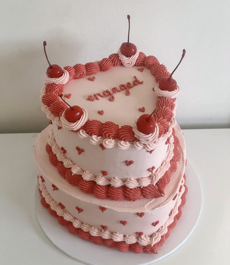 Two-tier engagement heart cake with cherries and hearts, Adelaide, Honey Love Cakes