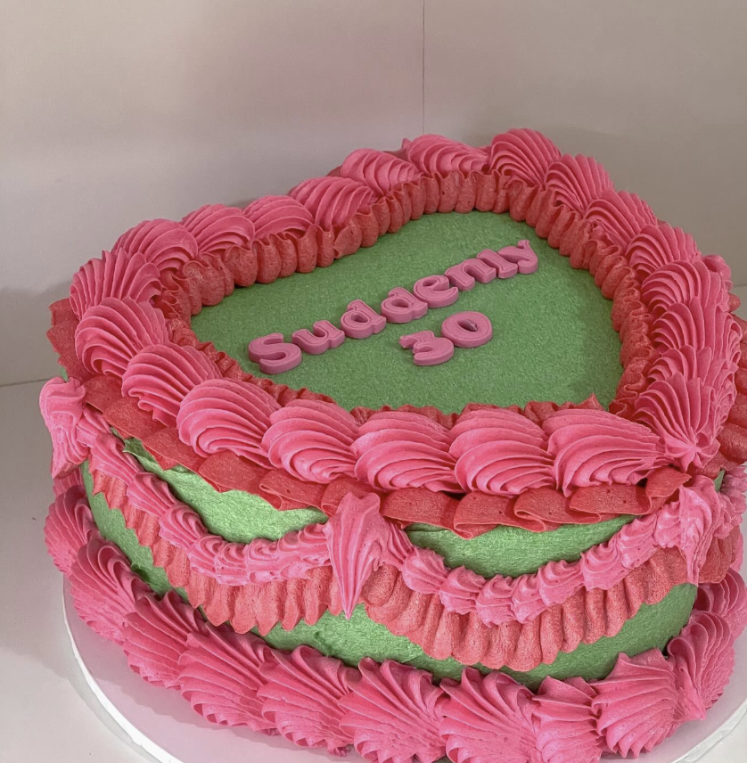 Suddenly 30 pink and green heart birthday cake, Adelaide, Honey Love Cakes