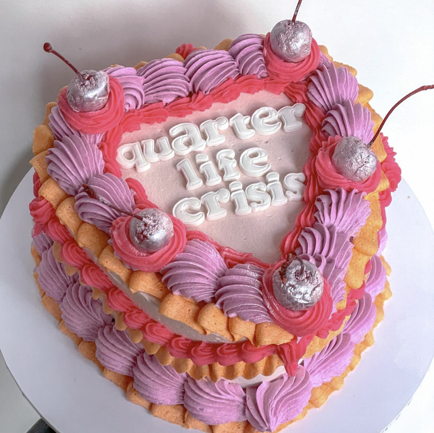 Quarter life crisis heart cake in pink and lilac with silver cherries, Adelaide, Honey Love Cakes